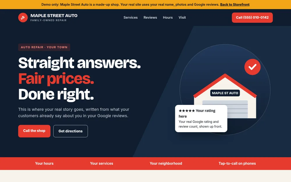 Example of a Storefront website for a made-up auto repair shop